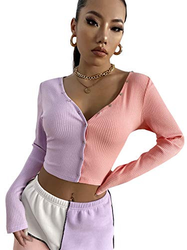 Floerns Women's Casual Colorblock Rib Knit Long Sleeve V Neck Crop Top Tee Multicoloured XS