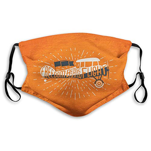 Activated carbon filter mask-Vintage- Freedom Phrase with an Old Custom Airplane Sky Fly Inspiration Aviation Graphic Artwork-Orange-Printed Facial decorations for adults