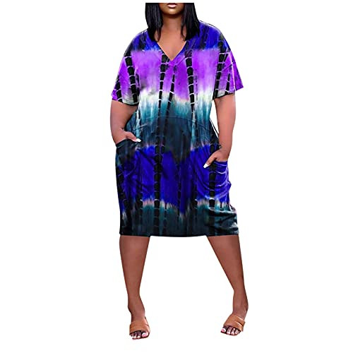 Dresses for Women Loose V Neck Casual Short Sleeve Tie-Dye Printed Plus Size Short Dress with Pockets Dresses for Women Loose V Neck Casual Short Sleeve Tie-Dye Printed Plus Size Short Dress with Pockets