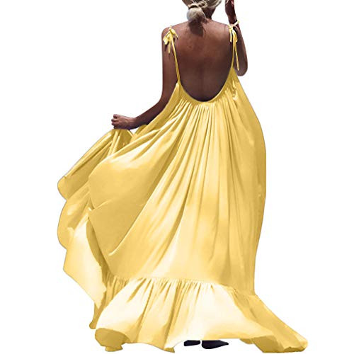 HGWXX7 Women's Loose Solid Boho Sexy Backless Spaghetti Strap Maxi Dresses Beach Flowy Long Dress Yellow