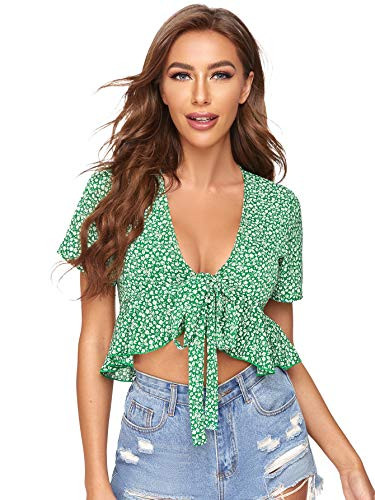 SheIn Women's Floral Ruffle Hem Blouse Short Puff Sleeve Deep V Neck Tie Front Crop Top Shirt Dark Green Small