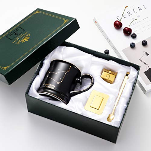 Tilany Ceramic Coffee Mug With Constellation Design - Black Tea Mugs With Golden Spoon and Tea Infuser- Large Porcelain Cups - Coffee Pottery Cup With Zodiac Sign - 13.5oz Cup Gift Set -Capricorn- Tilany Ceramic Coffee Mug With Constellation Design - Black Tea Mugs With Golden Spoon and Tea Infuser- Large Porcelain Cups - Coffee Pottery Cup With Zodiac Sign - 13.5oz Cup Gift Set -Capricorn-