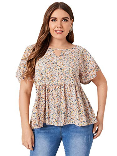 Romwe Women's Plus Size Floral Short Sleeve Keyhole Neck Ruffle Peplum Babydoll Tops Blouse Pink 2XL