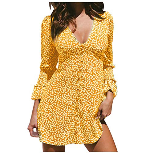 Dress for Women Long Sleeve Women's Plain Long Sleeve Flowy Modest Midi Work Casual Dress with Belt Yellow