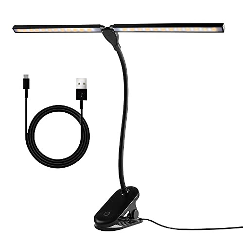 LAIWOO LED Desk Lamp with Clamp- Flexible Gooseneck Arm Drafting Clamp Lamps- 3 Lighting Modes Stepless Dimming Double Head Desk Light- Clip on Lamp for Bedroom- Office -Black-
