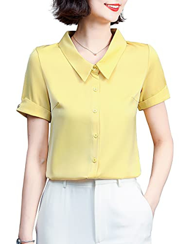 Women's Silk Blouse Satin Lantern Short Sleeve Button up Casual Loose Tops Shirt