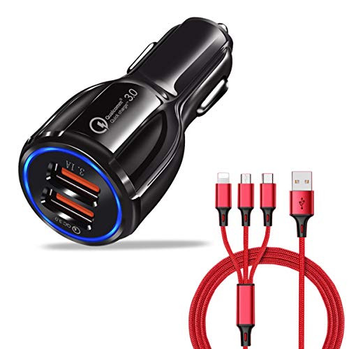 ELIATER Car Charger, Dual Port USB Quick Charge 3.0 Fast Charger Adapter with 3-in-1 Charging Cable Compatible with iPhone Xs/XS Max/XR/X/8/8+/7/7+/Samsung Galaxy S10/S10+/S10E/Note 9/8/S9/S8/S8+