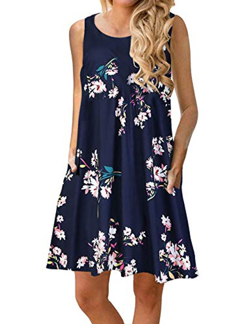 Women Casual T-Shirt Summer Dresses Floral Bohemian Dress Swing Boho Sundress Sleeveless with Pockets -Floral Navy White-Large- Women Casual T-Shirt Summer Dresses Floral Bohemian Dress Swing Boho Sundress Sleeveless with Pockets -Floral Navy White-Large-