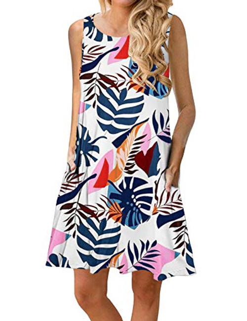 Women Casual T-Shirt Summer Dresses Floral Bohemian Dress Swing Boho Sundress Sleeveless with Pockets -Floral White Blue-Large- Women Casual T-Shirt Summer Dresses Floral Bohemian Dress Swing Boho Sundress Sleeveless with Pockets -Floral White Blue-Large-
