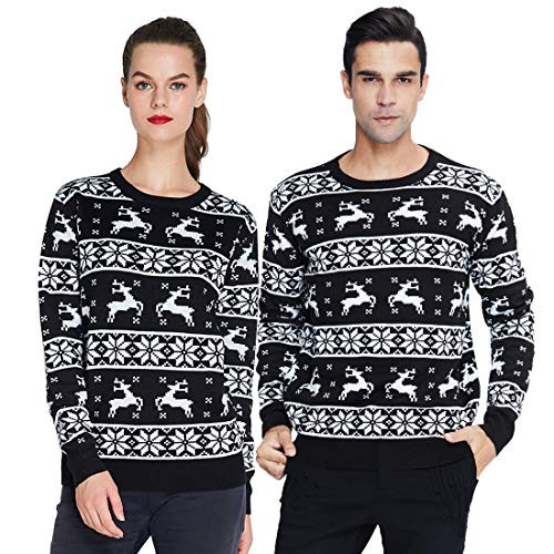 uideazone Men's Festive Ugly Christmas Sweater Black Snowflake Reindeer Knit Crewneck Long Sleeve Pullover Tops