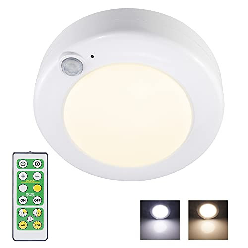 HONGUT Battery Powered LED Ceiling Light- Indoor Motion Sensor Light with Remote- Wireless Shower Light- Stick Overhead Light for Ceiling Closet Cabinet Bathroom Hallway Stair Wall Shed