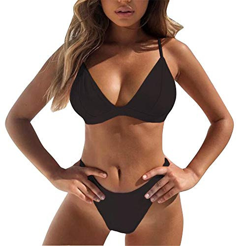 Hotkey Womens Bikini Set Solid Padded Push Up Swimwear Swimsuit High Waisted Two Piece Bathing Suits Black