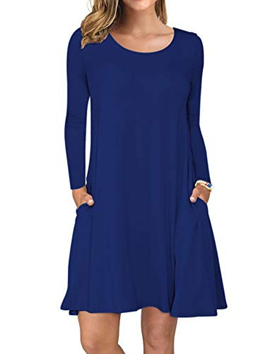 AUSELILY Women's Solid Plain Long Sleeve Pockets Casual Swing T-Shirt Dresses Sodalite Blue Cobalt -M-Royal Blue-