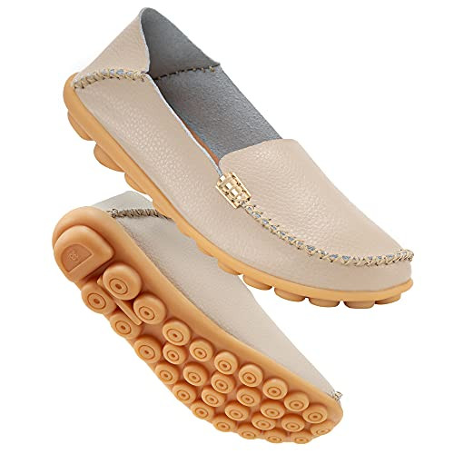 DUOYANGJIASHA Women's Comfortable Leather Loafers Casual Round Toe Moccasins Wild Driving Flats Soft Walking Shoes Women Slip On Beige