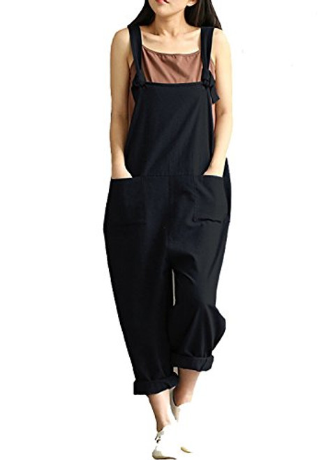 Women's Casual Jumpsuits Overalls Baggy Bib Pants Plus Size Wide Leg Rompers -2XL- Black-