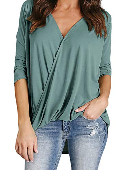Asyoly Green Womens Blouses and Tops for Work Casual Summer Long Sleeve Wrap Sexy V Neck Blouses Fashion 2021 Loose Fit Tops Shirts M