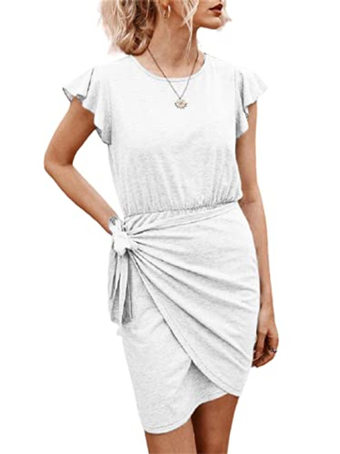 Aoysky Women's Summer Short Ruffle Sleeve T Shirt Dress Tie Waist Ruched Crewneck Casual Mini Dress White Aoysky Women's Summer Short Ruffle Sleeve T Shirt Dress Tie Waist Ruched Crewneck Casual Mini Dress White