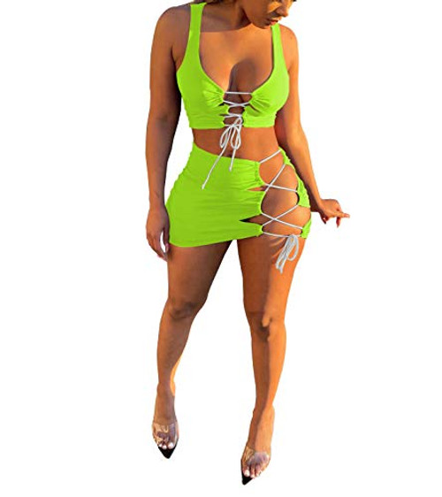 Women Sexy Beach Two Piece Short Set Lace Up Crop Top Bodycon Mini Skirt Swimsuit Set Clubwear Outfits Fluorescent Green