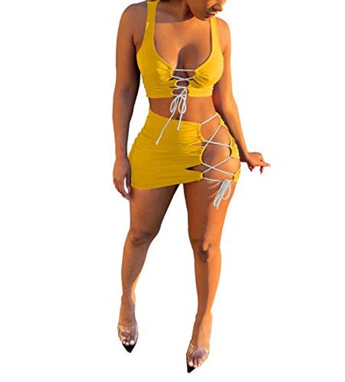 Women Sexy Beach Two Piece Short Set Lace Up Crop Top Bodycon Mini Skirt Swimsuit Set Clubwear Outfits Yellow