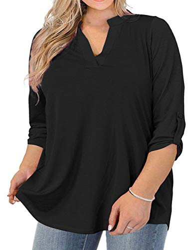 AMCLOS Womens Plus Size Solid Tunic Tops V Neck Blouse Shirts-Black- 3XL-