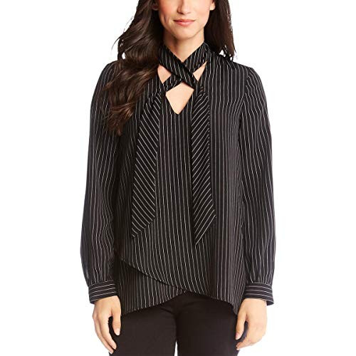 Karen Kane Womens Pinstripe Tie Front Pullover Top Black S