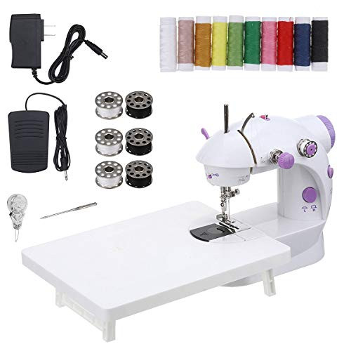 CHARMINER Mini Sewing Machine with Extension Table- Adjustable 2-Speed 2-Thread Sewing Machine with Lights- Portable Electric Sewing Machine with Foot Pedal for Denim Leather etc DIY -White-