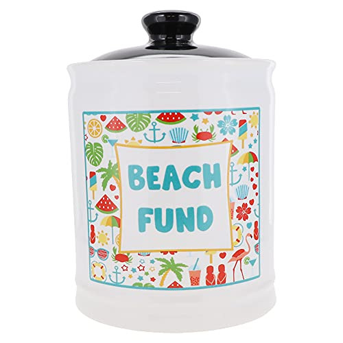Cottage Creek Piggy Bank- Beach Fund Jar- Round Ceramic Beach Vacation Coin Bank with Black Lid- Beach Decor Savings Bank -White-