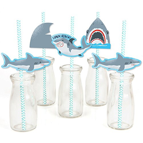 Shark Zone - Paper Straw Decor - Jawsome Shark Party or Birthday Party Striped Decorative Straws - Set of 24