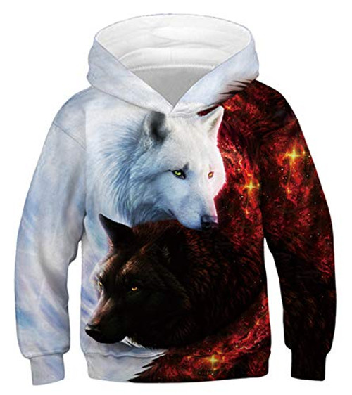 ENLACHIC Teen Girls Boys 3D Wolf Animal Print Pullover Hoodie Sweatshirt-Couple Wolf-6-8 Years