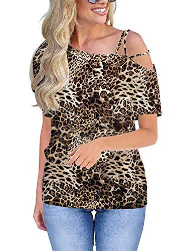 Ido4U Women's Casual Off One Shoulder Tops Strappy T-Shirt Blouses Short Sleeve Cold Shoulder Tunic Tops for Women -Yellow Leopard Print- M-