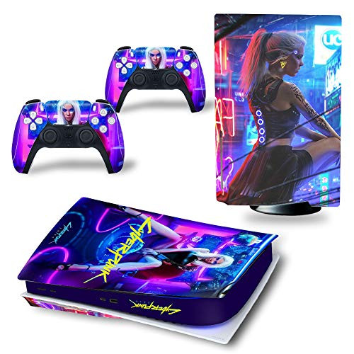 PS5 Console and Controllers Skin Vinyl Sticker Decal Cover for PlayStation 5 Console and Controllers- Disk Version - Punk 2077 Purple