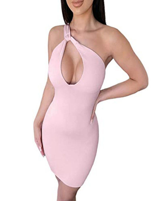 Halfword Sexy Bodycon Mini Dress for Women Sleeveless One Shoulder Club Party Night Out Dresses Pink M