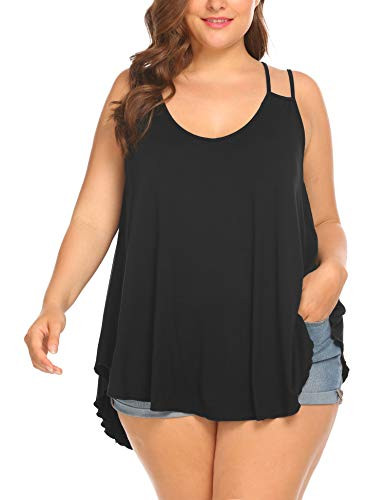 IN'VOLAND Womens Plus Size Tank Tops Flowy V Neck Casual Sexy Summer Sleeveless Shirts Spaghetti Strap Cami Camisole Classic Black