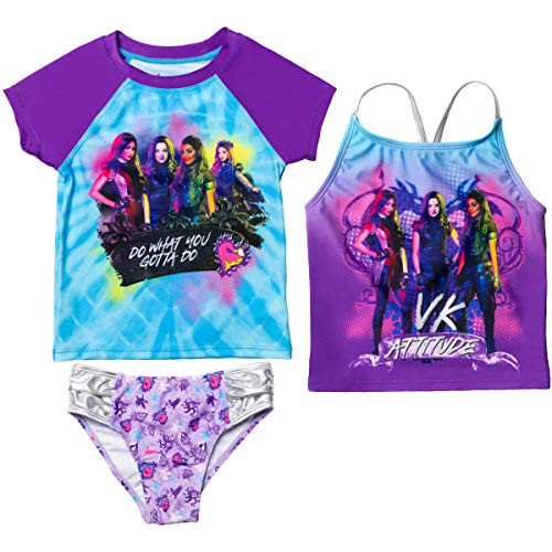 Disney Descendants Mal Uma Evie Audrey Little Girls Rash Guard Tankini Swimsuit Set 6X Blue/Purple