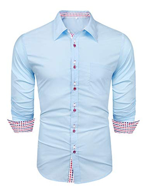 LecGee Men's Plaid Collar Dress Shirt Casual Cotton Long Sleeve Slim Fit Button Down Shirt Light Blue LecGee Men's Plaid Collar Dress Shirt Casual Cotton Long Sleeve Slim Fit Button Down Shirt Light Blue