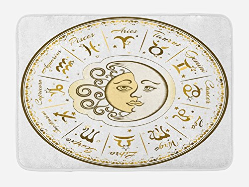 Ambesonne Zodiac Bath Mat- Circular Zodiac Chart Apparent Position of Sun and Moon in Centre Pattern Print- Plush Bathroom Decor Mat with Non Slip Backing- 29.5inch X 17.5inch- Yellow Beige