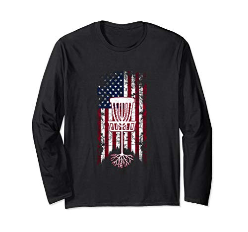 American Flag Disc Golf Basket With Roots Love Disc Golfing Long Sleeve T-Shirt