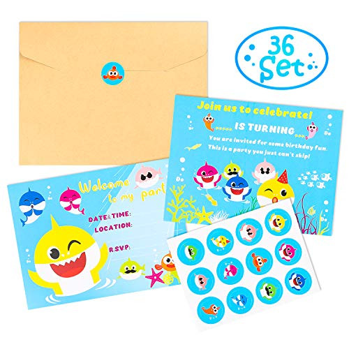 MALLMALL6 36Pcs Little Shark Invitation Cards Set Little Shark Greeting Card Shark Themed Birthday Party Supplies Baby Shower Invitation Invites for Kids with Envelopes Little Shark Sticker