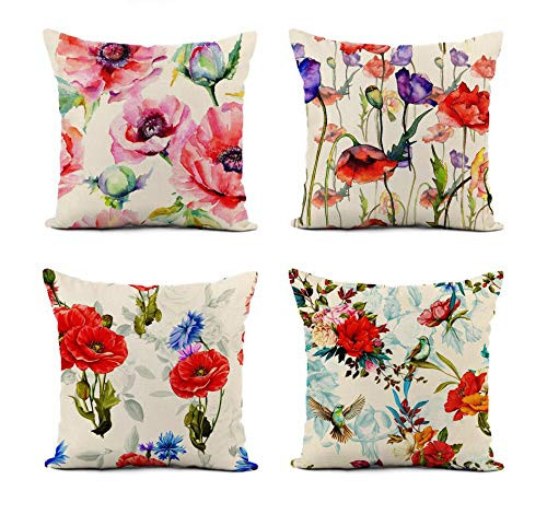 Awowee Set of 4 Linen Throw Pillow Cover Wildflower Poppy Flower Pattern in Watercolor Full Name 20x20 Inches Home Decor Square Flax Pillowcase Cushion Cover for Couch Sofa Awowee Set of 4 Linen Throw Pillow Cover Wildflower Poppy Flower Pattern in Watercolor Full Name 20x20 Inches Home Decor Square Flax Pillowcase Cushion Cover for Couch Sofa