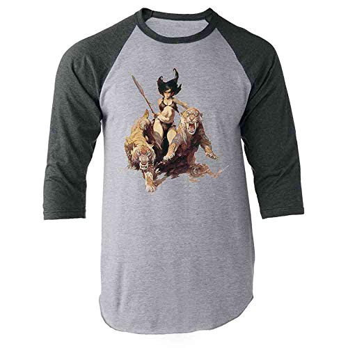 The Huntress by Frank Frazetta Art Gray L Raglan Baseball Tee Shirt