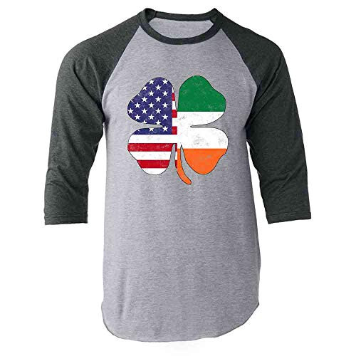 Pop Threads Irish American Flag Shamrock St. Patrick's Day Gray XL Raglan Baseball Tee Shirt