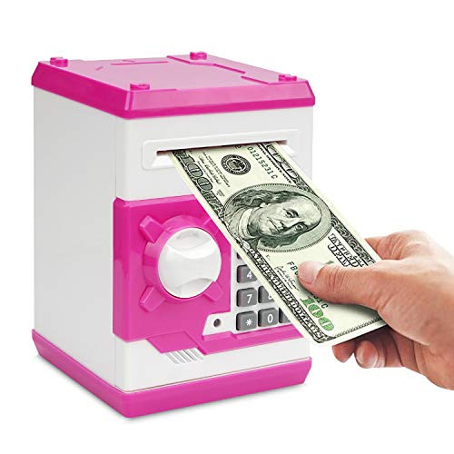 Setibre Piggy Bank- Electronic ATM Password Cash Coin Can Auto Scroll Paper Money Saving Box Toy Gift for Kids -White Pink-