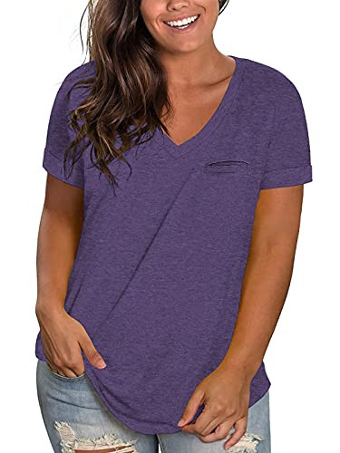 Plus Size Shirts for Women 3X Summer V Neck Tee Casual Oversize Tops Purple 24W