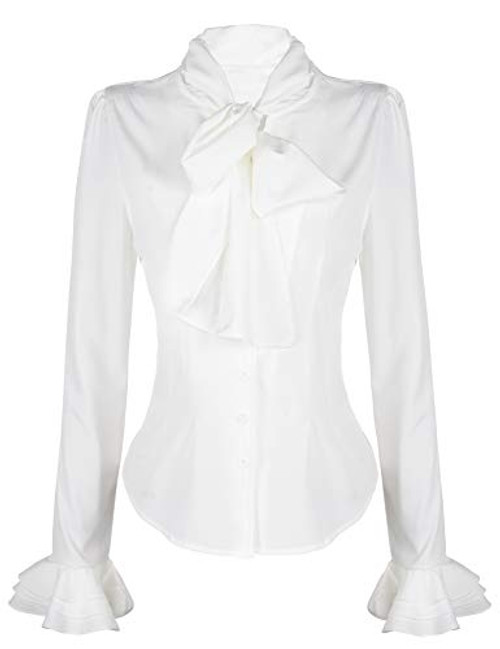 PrettyGuide Women Stand-Up Collar Lotus Ruffle Shirts Blouse Bow White US M