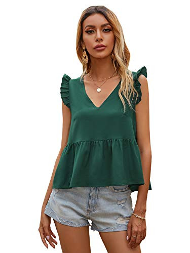 Milumia Women Casual V Neck Sleeveless Babydoll Blouse Ruffle Hem Solid Peplum Top Dark Green Large