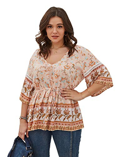 SOLY HUX Women's Plus Size Floral Print V Neck Tie Front Ruffle Hem 3/4 Sleeve Top Blouse Multicoloured 1XL SOLY HUX Women's Plus Size Floral Print V Neck Tie Front Ruffle Hem 3/4 Sleeve Top Blouse Multicoloured 1XL