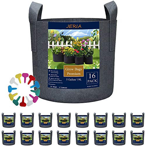 JERIA 16-Pack 5 Gallon Grow Bags- Heavy Duty Thickened Nonwoven Fabric Pots Container with Reinforced Handles- Vegetable/Flower/Plant Grow Pots Come with 16 Pcs Plant Labels JERIA 16-Pack 5 Gallon Grow Bags- Heavy Duty Thickened Nonwoven Fabric Pots Container with Reinforced Handles- Vegetable/Flower/Plant Grow Pots Come with 16 Pcs Plant Labels