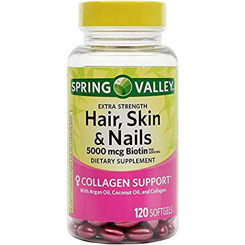 Spring Valley Extra Strength Hair- Skin and Nails 5000 mcg Biotin- Collagen Support- 120 Softgels -Pack of 2- Spring Valley Extra Strength Hair- Skin and Nails 5000 mcg Biotin- Collagen Support- 120 Softgels -Pack of 2-