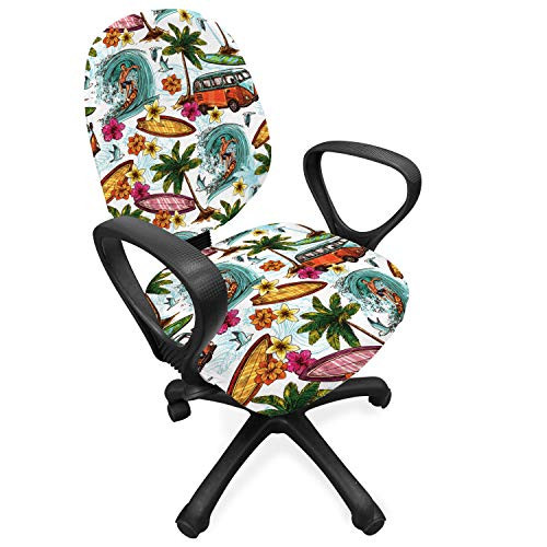 Ambesonne Ocean Office Chair Slipcover- Hawaiian Surfer on Wavy Deep Sea Retro Style Palm Trees Flowers Surf Boards Print- Protective Stretch Decorative Fabric Cover- Multicolor
