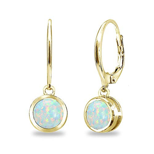Gold Flash Sterling Silver Synthetic White Opal 6mm Round Bezel-Set Dangle Leverback Earrings for Women